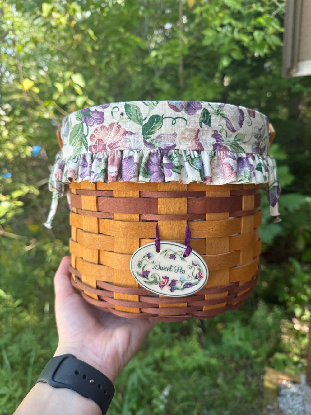 Longaberger Sweet Pea Wicker Basket with Lavender and Green Floral Liner
